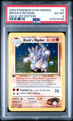 2000 POKEMON GYM HEROES HOLO-1ST EDITION #2 BROCK'S RHYDON PSA 6 - Image 1