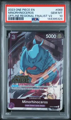 2023 ONE PIECE PROMOS OFFLINE REGIONAL FINALIST VOL.2 #069 MINORHINOCEROS PSA 10 - Image 1