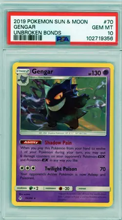 Pokemon Gengar Unbroken Bonds Rare #70 PSA 10 Gem Mint - Image 1