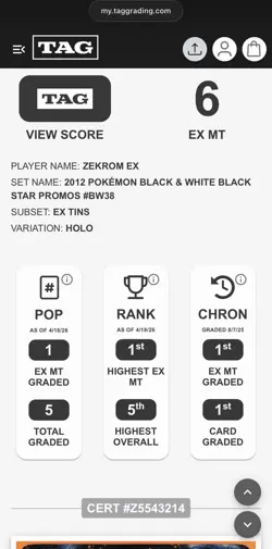 Pokemon Card - Promo - Zekrom EX - BW38 Graded TAG 6 EX MT - Image 4