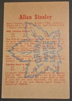 1960-61 Parkhurst #16 Allan Stanley Toronto Maple Leafs Vintage NHL Hockey Card - Image 5