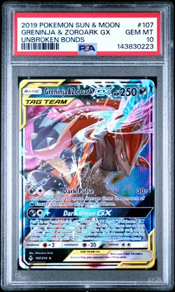 2019 Pokemon Sun & Moon Unbroken Bonds #107 Greninja & Zoroark Gx PSA 10 - Image 1