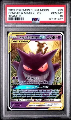 2019 POKEMON SUN & MOON TEAM UP #53 GENGAR & MIMIKYU GX PSA 10 - Image 1