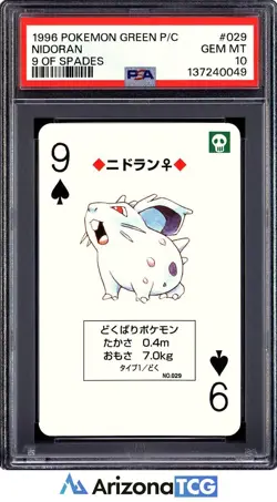 Pokemon 1996 Nidoran 029 9 Of Spades Green Playing Card Japanese GEM MINT PSA 10 - Image 1