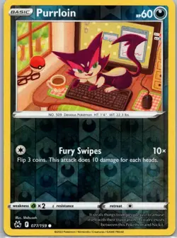 Pokemon TCG Purrloin 077/159 Crown Zenith Rev Holo NM - Image 1