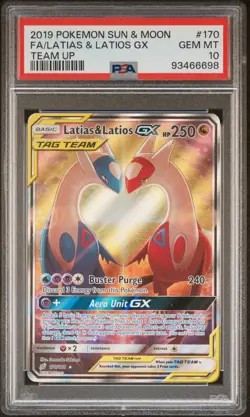 2019 POKEMON SUN & MOON TEAM UP #170 FULL ART/LATIAS & LATIOS GX PSA 10 - Image 1
