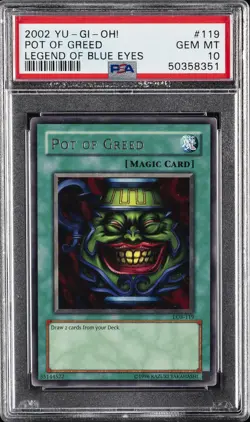 2002 YU-GI-OH! LOB-LEGEND OF BLUE EYES WHITE DRAGON #119 POT OF GREED PSA 10 - Image 1