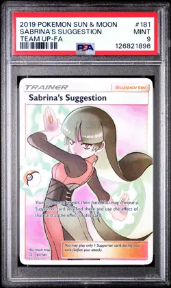 2019 POKEMON SUN & MOON TEAM UP #181 FULL ART/SABRINA'S SUGGESTION PSA 9 - Image 1