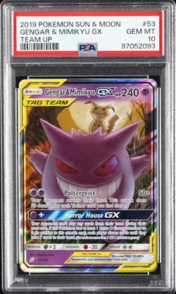 2019 POKEMON SUN & MOON TEAM UP #53 GENGAR & MIMIKYU GX PSA 10 - Image 1