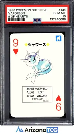 Pokemon 1996 Vaporeon 134 9 Of Hearts Green Playing Card Japanese GEM MT PSA 10 - Image 1