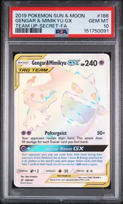 2019 POKEMON SUN & MOON TEAM UP SECRET #186 FULL ART/GENGAR & MIMIKYU GX PSA 10 - Image 1