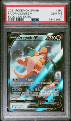 2021 POKEMON EVOLVING SKIES #192 FULL ART DRAGONITE V PSA 10 GEM MINT - Image 1