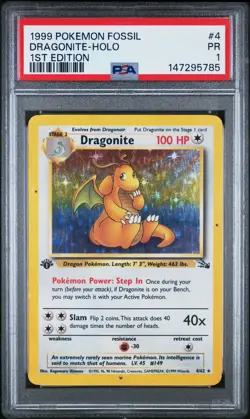 Pokemon Dragonite 1st Ed Holo Rare Fossil 4/62 1999 PSA 1 - Image 1