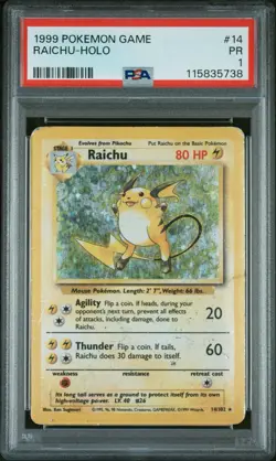 Pokemon 1999 Base Set unlimited Raichu Holo Rare #14/102 PSA 1 - Image 1
