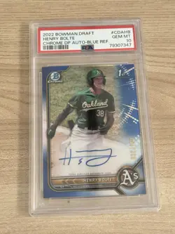 2022 Bowman Draft Henry Bolte Chrome Auto True Blue Refractor 1st #32/150 PSA 10 - Image 1