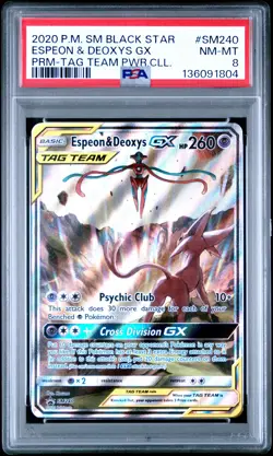 2020 Pokemon SM Black Star Promo Espeon & Deoxys GX Tag Team SM240 PSA 8 - Image 1