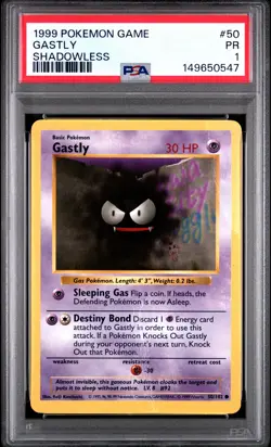 1999 POKEMON GAME SHADOWLESS #50 GASTLY PSA 1 - Image 1