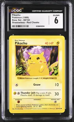 Pikachu Red Cheeks CGC6 EX/NM 058/102 Base Set Shadowless Unlimited Pokemon - Image 1