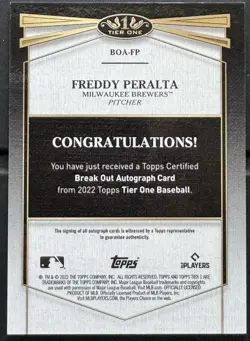 2022 Topps Tier One Baseball FREDDY PERALTA Break Out Autograph /255 #BOA-FP - Image 2