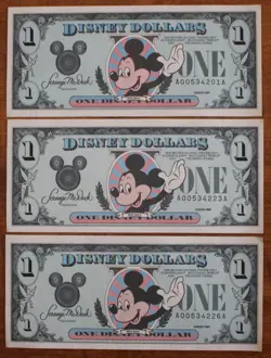 Lot of 3 Disney One Dollar Bills Series 1989 Mickey Mouse Castle 1 - Image 1