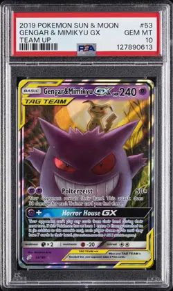 2019 POKEMON SUN & MOON TEAM UP #53 GENGAR & MIMIKYU GX PSA 10 - Image 1