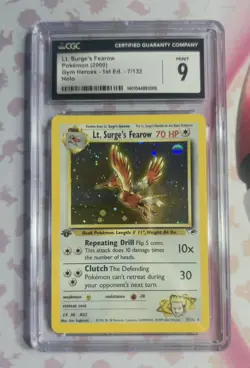 CGC 9 MINT Lt. Surge's Fearow Gym Heroes 1st Edition 7/132 Holo Pokemon Card - Image 1