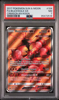 2017 POKEMON SUN & MOON CRIMSON INVASION #104 FULL ART/BUZZWOLE GX PSA 7 - Image 1