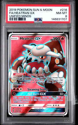 2019 POKEMON SUN & MOON UNIFIED MINDS #216 FULL ART/HEATRAN GX PSA 8 - Image 1