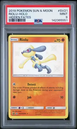 2019 POKEMON SUN & MOON HIDDEN FATES #SV21 RIOLU-HOLO PSA 9 - Image 1