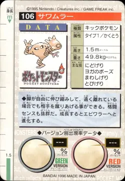 Hitmonlee Carddass 1996 Vintage Pokemon Pocket Monsters Vending Card B46 HP - Image 2