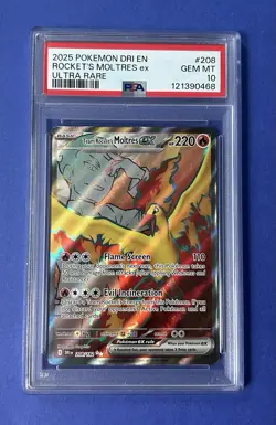 2025 Pokemon Dri EN Rocket’s Moltres ex Ultra Rare #208 PSA 10 GEM MT - Image 1