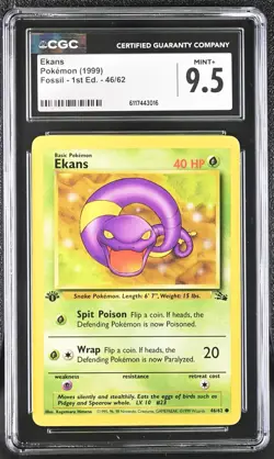 Pokemon Card Ekans 46/62 1st Edition Fossil 1999 CGC 9.5 MINT+ - Image 1