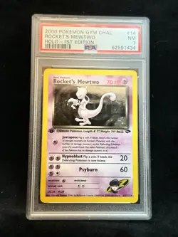 2000 POKEMON GYM CHALLENGE HOLO-1ST EDITION #14 ROCKETs MEWTWO PSA 7 Small Swirl - Image 1