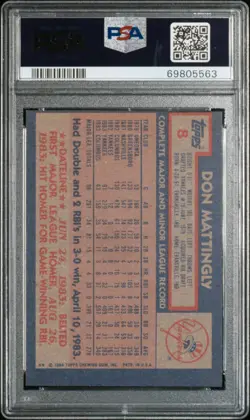 1984 TOPPS #8 DON MATTINGLY ROOKIE RC PSA 4 - Image 2