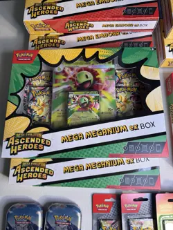 Pokemon: Ascended Heroes EX Boxes (Set of 6) Larry’s/Erika’s, 1 Pin, & 2 Tins - Image 3