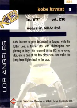 1999 COLLECTOR'S EDGE KOBE BRYANT KB1 MINT KB8 BASKETBALL LOS ANGELES LAKERS - Image 2