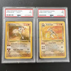 1999 Pokemon Fossil Hitmonlee Holo #7 PSA 7 NM Kabutops Holo #9 PSA 7 NM - Image 1