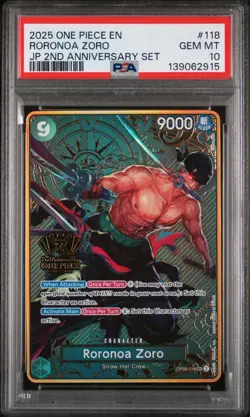2025 ONE PIECE JAPANESE 2ND ANNIVERSARY #118 RORONOA ZORO PSA 10 ENGLISH TEXT - Image 1