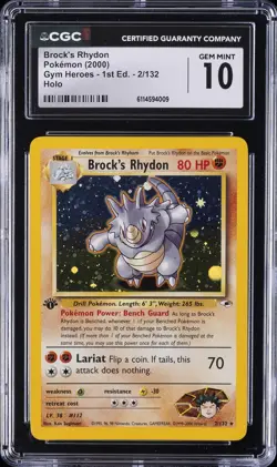 2000 POKEMON GYM HEROES 1ST EDITION HOLO #2 BROCK'S RHYDON CGC 10 GEM MINT - Image 1