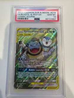 Pokemon Cosmic Eclipse Full Art Blastoise & Piplup GX Alt Art 215/236 PSA 10 - Image 1