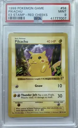 POKEMON PSA 9 MINT RED CHEEKS PIKACHU E3 58/102 SHADOWLESS BASE 1999 - Image 1