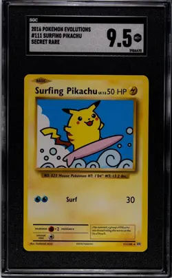 Pokemon TCG Surfing Pikachu Pokemon Evolutions 111/108 Secret Rare SGC 9.5 - Image 1