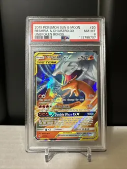 2019 POKEMON SUN MOON UNBROKEN BONDS #20 RESHIRAM & CHARIZARD TAG TEAM GX PSA 9 - Image 1
