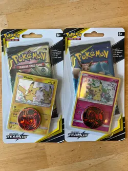 Lot (2) Sealed TEAM UP Blister Packs (Pikachu SM162 + Mimikyu SM163) Pokemon - Image 1