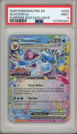 2025 Pokemon Prismatic Evolutions Glaceon Ex Surprise Box #026 PSA 9 - Image 1