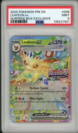 2025 Pokemon Prismatic Evolutions Leafeon Ex Surprise Box #006 PSA 9 - Image 1