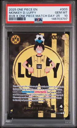 2025 ONE PIECE PROMOS BVB X ONE PIECE MATCH DAY 2025 #003 MONKEY D. LUFFY PSA 10 - Image 1