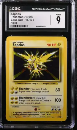 CGC 9 MINT Zapdos 16/102 Base Set 1999 WOTC Vintage Holo Pokemon Card - Image 1
