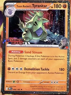Team Rockets Tyranitar 096/182 Pokemon Destined Rivals Stamped Prerelease Swirl - Image 1