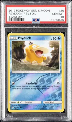 2019 POKEMON SUN & MOON TEAM UP #26 PSYDUCK-REVERSE FOIL PSA 10 - Image 1